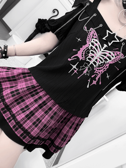 Y2K Chains Embellished Neckline Butterfly Print Black T-shirt with Pink Plaid Skirt Set