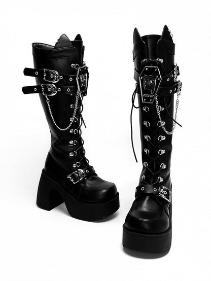 Ghost Cat Black High Block Heel Boots with Detachable Chain