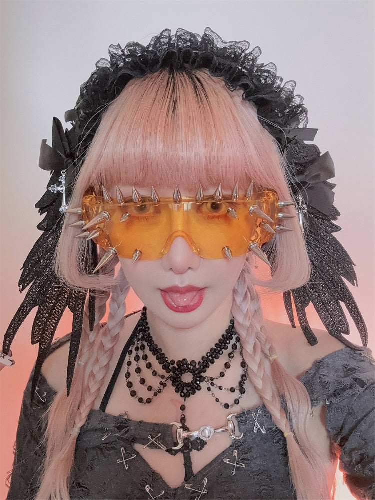 Dark/White/Green/Yellow Stud Detail Cyberpunk Sunglasses