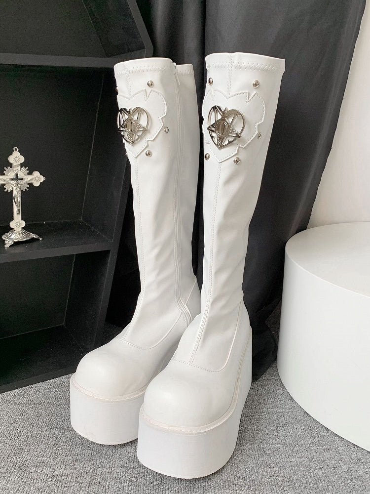 Heart Design Silver-tone Studs White Punk Boots