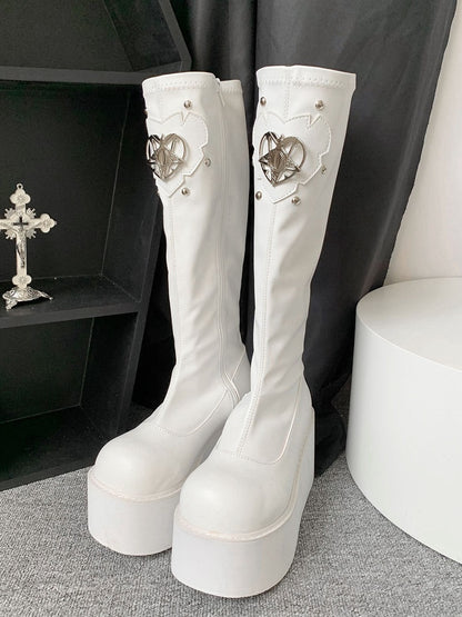 Heart Design Silver-tone Studs White Punk Boots