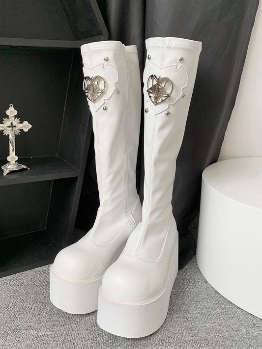 Heart Design Silver-tone Studs White Punk Boots