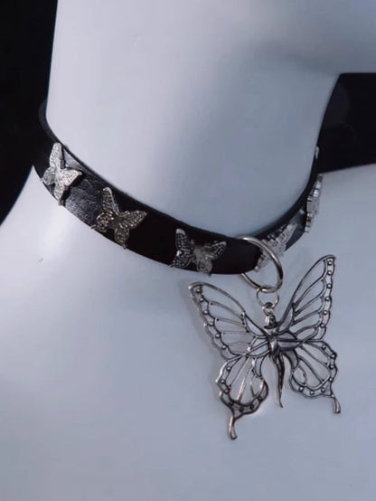 Handmade Metal Butterfly Pendant Gothic Black PU Choker
