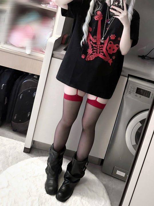 Black and Red Punk Rock Guitar Print Jirai Kei T-Shirt with Guitar Pick Necklace