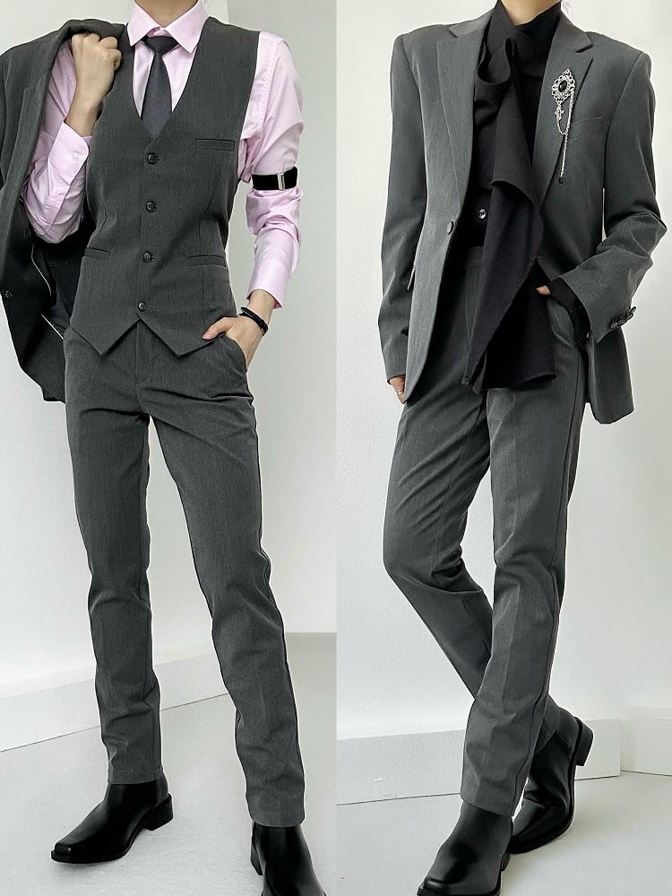 Ouji Lolita Gray High-waist Straight-Leg Pants with Slant Pockets & Belt Loops