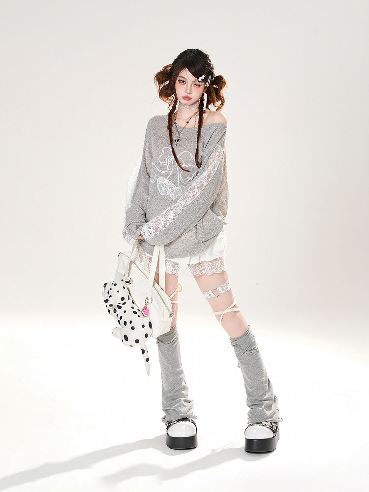 Cherry Embroidery Lace Patches Sleeves Gray Round Neck Coverup