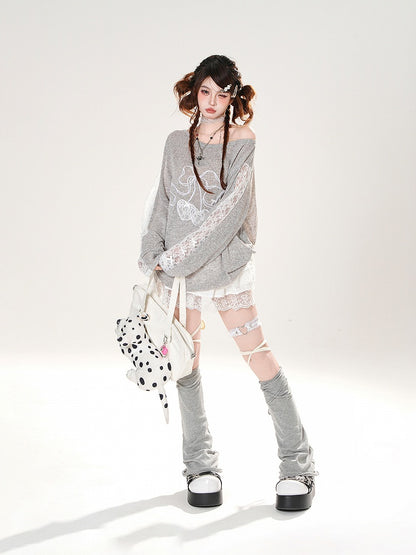 Cherry Embroidery Lace Patches Sleeves Gray Round Neck Coverup