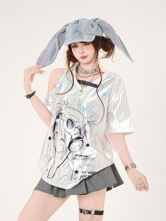 Anime Girl Print Cutout Shoulder White Striped Pattern V-neck Satin T-shirt