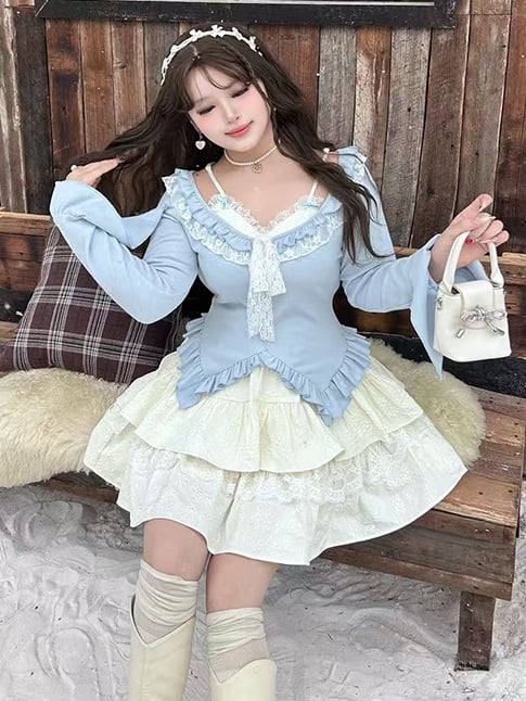 Plus Size Light Blue Fake Two-piece Design Ruffle Trim V-neck Long Sleeves Top
