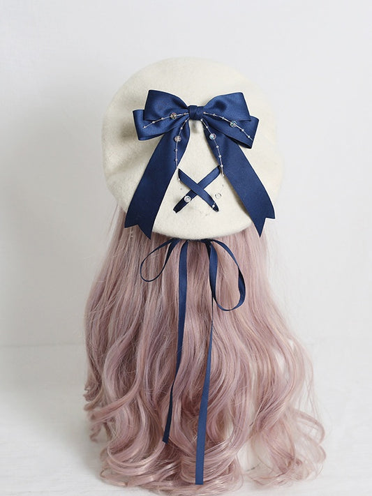 Cute Lolita Off-White Beret With 6-Color Optional Bowknot Ribbon