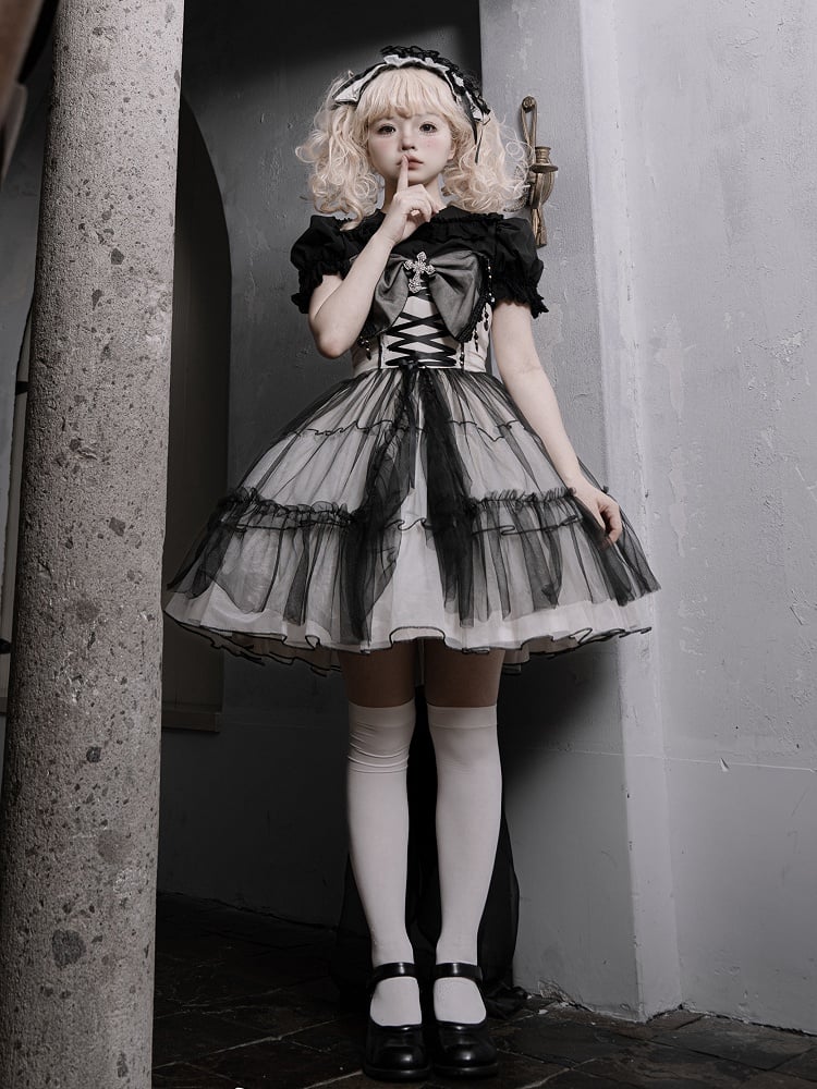 Plus Size Friendly Gothic Cross Big Bow Neckline Jumper Skirt Black and White