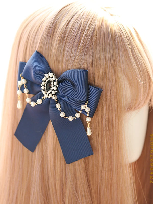 Cute Dark Blue Bowknot Hairclip with Bead Chain and Black Diamond Decorations