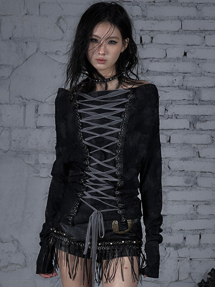 Wasteland Punk Black Off-the-shoulder Neckline Lace-up Design Top