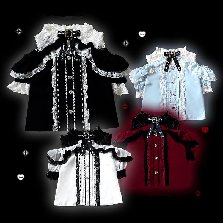 Jirai Kei Black/White/Red/Light Blue Open Shoulder Sweetheart Buttons Lace Trim Blouse