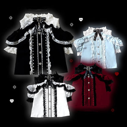 Jirai Kei Black/White/Red/Light Blue Open Shoulder Sweetheart Buttons Lace Trim Blouse