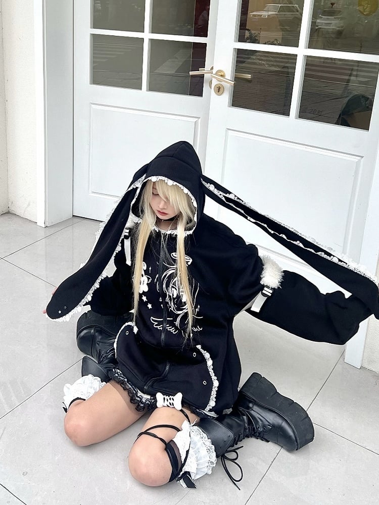 Black Jirai Kei Hoodie with Anime Girl Print and Bunny Ear Design