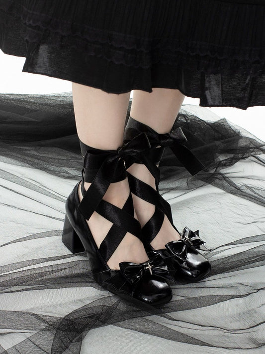 Bat Wings Bow Gothic Black Lace-up Block Heels Balletcore Shoes