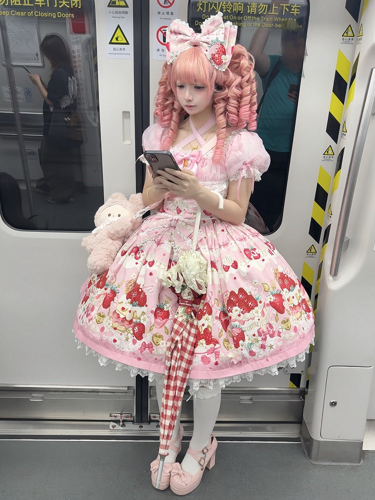 Strawberry Cake Print Pink Sweet Lolita Short Sleeves Dress