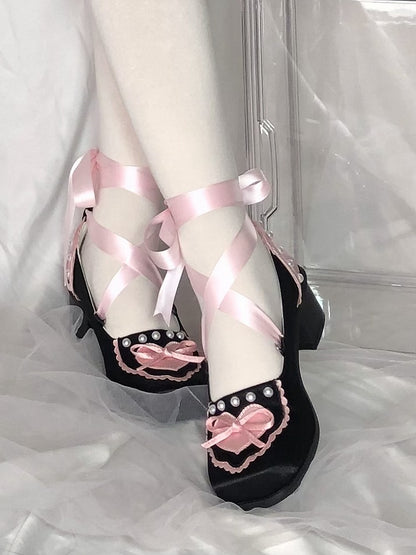 Black and Pink Balletcore Lace-up at Ankle Square-toe Satin Shoes