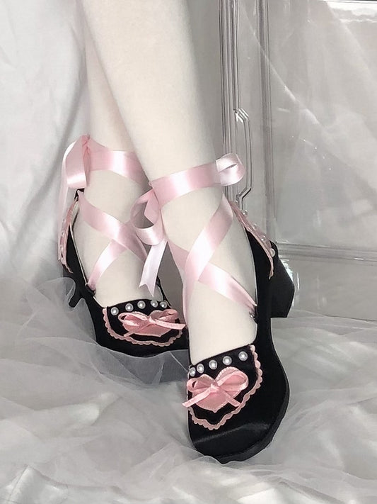 Black and Pink Balletcore Lace-up at Ankle Square-toe Satin Shoes