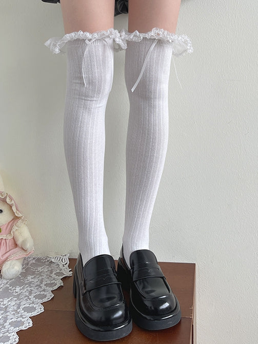 White/Black Lace Trim Lolita Over-Knee Stockings