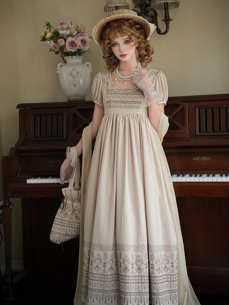 Brown Vintage Embroidery Empire Waist Elegant Lolita One Piece Long/Short Version