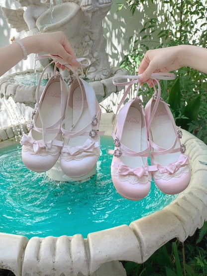 Sweet Lolita Satin Pink Wedge Heels - Bow Accents with Lace Trim & Crisscross Straps