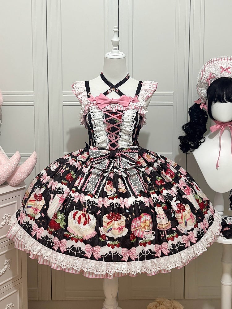 Bows and Strawberry Dessert Print Black Sweet Lolita Jumper Skirt