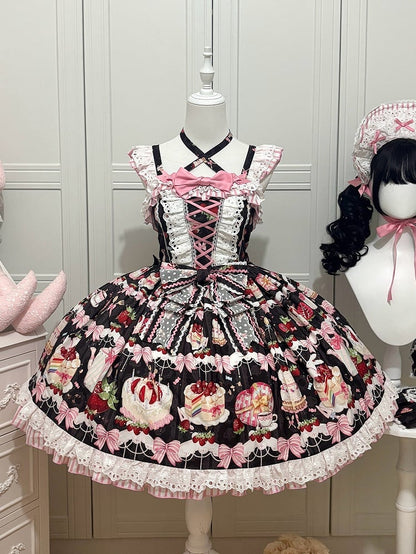 Bows and Strawberry Dessert Print Black Sweet Lolita Jumper Skirt