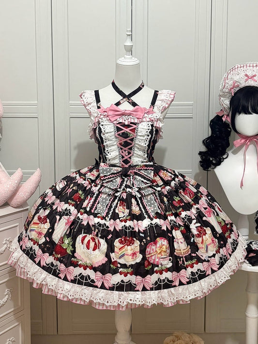 Bows and Strawberry Dessert Print Black Sweet Lolita Jumper Skirt