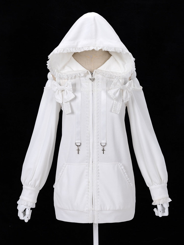 Gothic Charm Jirai Kei Hoodie with Lace and Cross Details