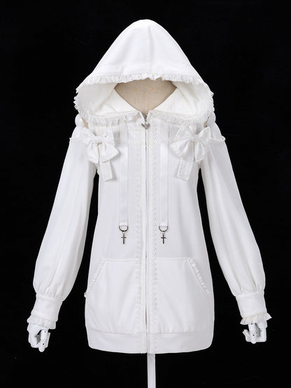 Gothic Charm Jirai Kei Hoodie with Lace and Cross Details