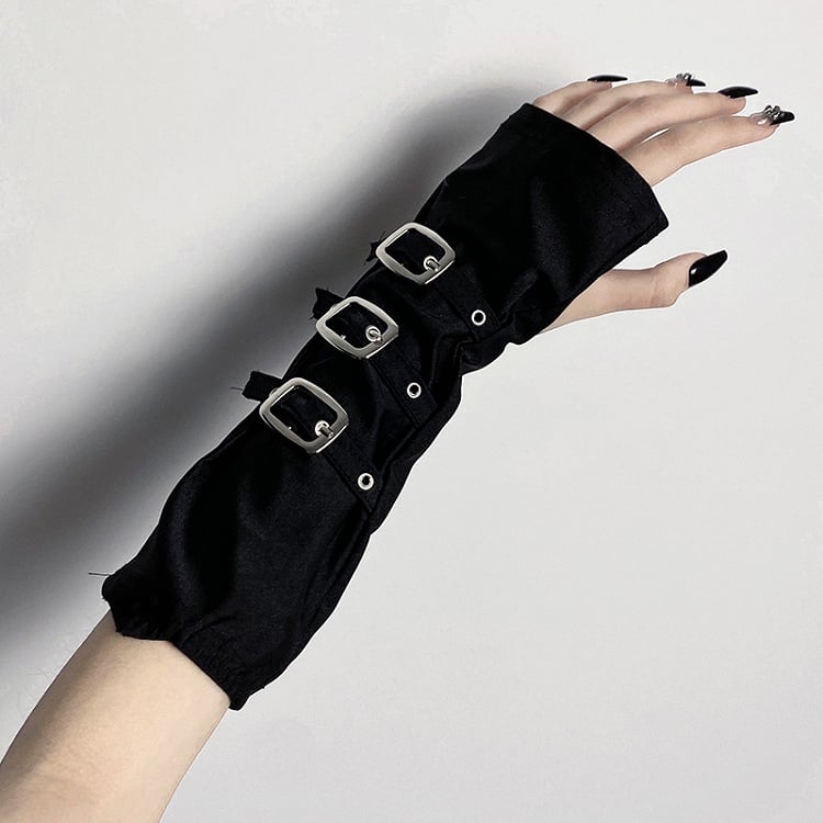 Punk Black Half Fingerless Gloves with Buckle Straps