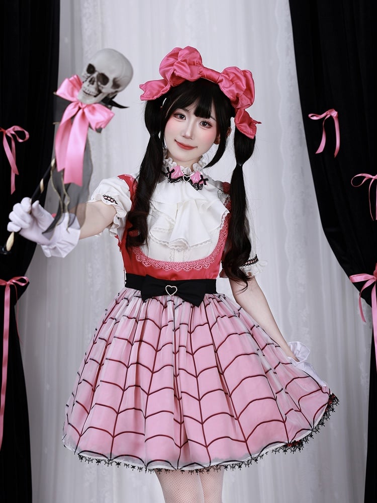 Fanart Fashion Hot Pink Cute Under Bust Dress Spider Web Print Overlay Skirt