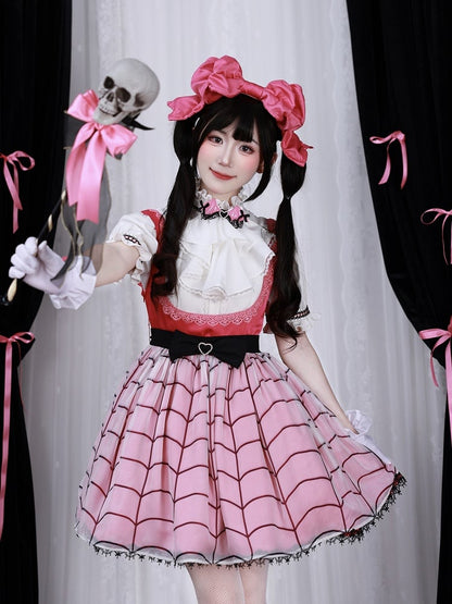 Fanart Fashion Hot Pink Cute Under Bust Dress Spider Web Print Overlay Skirt