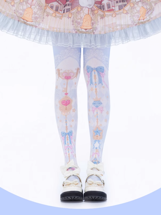 Yume Kawaii Blue Diamond Pattern Bow Print Sweet Lolita Over Knee Stockings