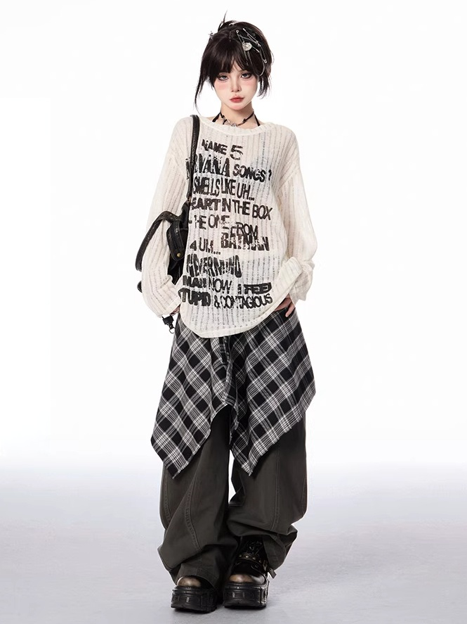 Vintage Letter Print Black/Apricot Round Neck Semi-sheer Coverup