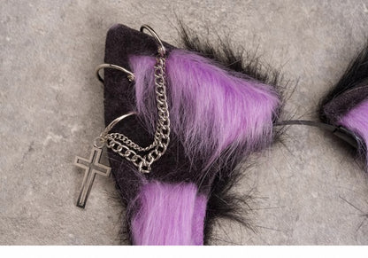 Gothic Black and Purple Kitty Ears KC with Cross Chains