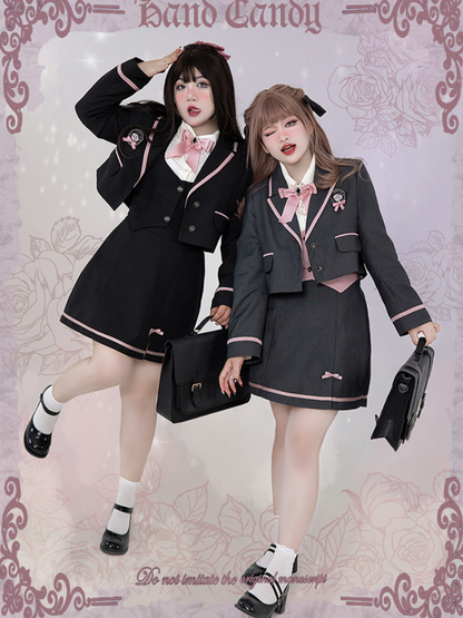 Plus Size - Rose Knight Apricot Shirt+Black Waistcoat+Black Blazer+Black Skirt Set