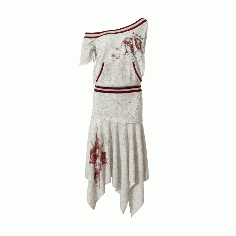 Asymmetrical Neckline Gray/White Wasteland Punk Distressed Dress with Detachable Handkerchief Hem