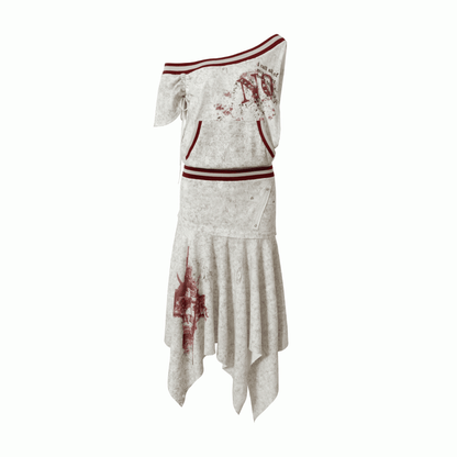 Asymmetrical Neckline Gray/White Wasteland Punk Distressed Dress with Detachable Handkerchief Hem