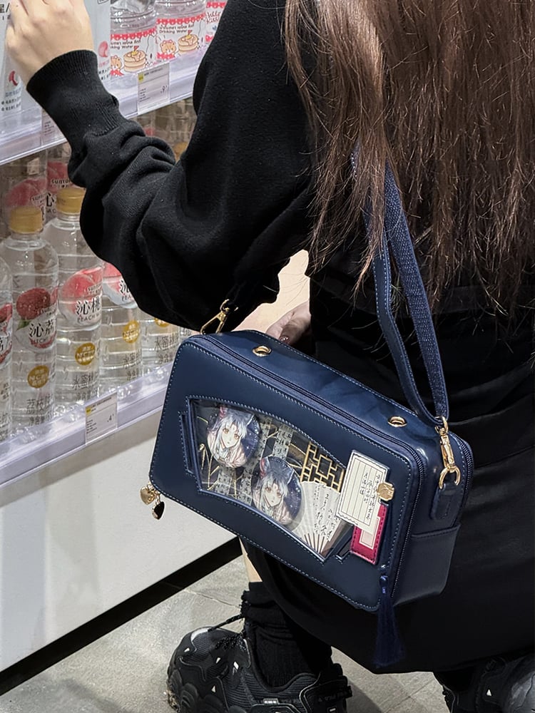 Dark Blue Embroidered Bamboo Leaf Cheongsam Style Ita Shoulder Bag with Fringe Charm