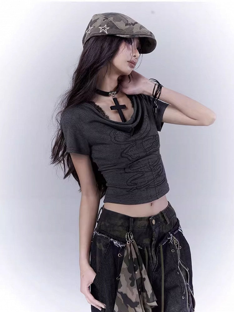 Dark Gray Cowl Neckline Cross Cutout Detail T-Shirt