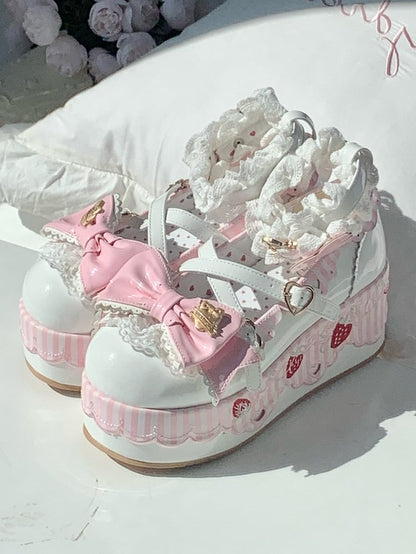 PU White Sweet Lolita Platform Mary Janes - Strawberry Details, Striped Scalloped Hem & Pink Top Bow