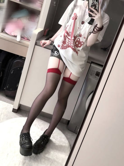 White and Red Punk Rock Guitar Print Jirai Kei T-Shirt with Guitar Pick Necklace