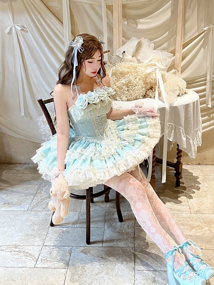 Blue Rose-Embellished Basque Waist Balletcore Dress with Ruffled Layers