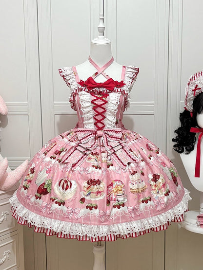 Bows and Strawberry Dessert Print Pink Sweet Lolita Jumper Skirt