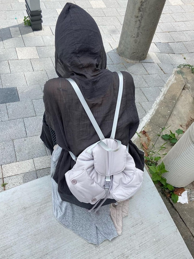 Chic Grey Drawstring Backpack With Flap Closure