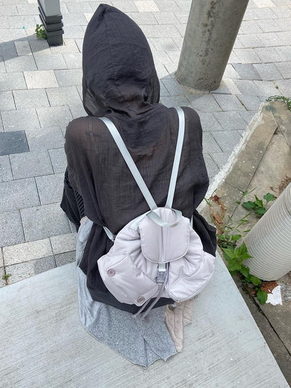 Chic Grey Drawstring Backpack With Flap Closure