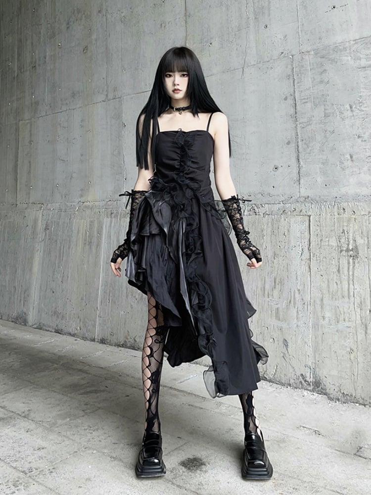 Black Asymmetrical Hem Flounce Trim Glamorous Cami Dress